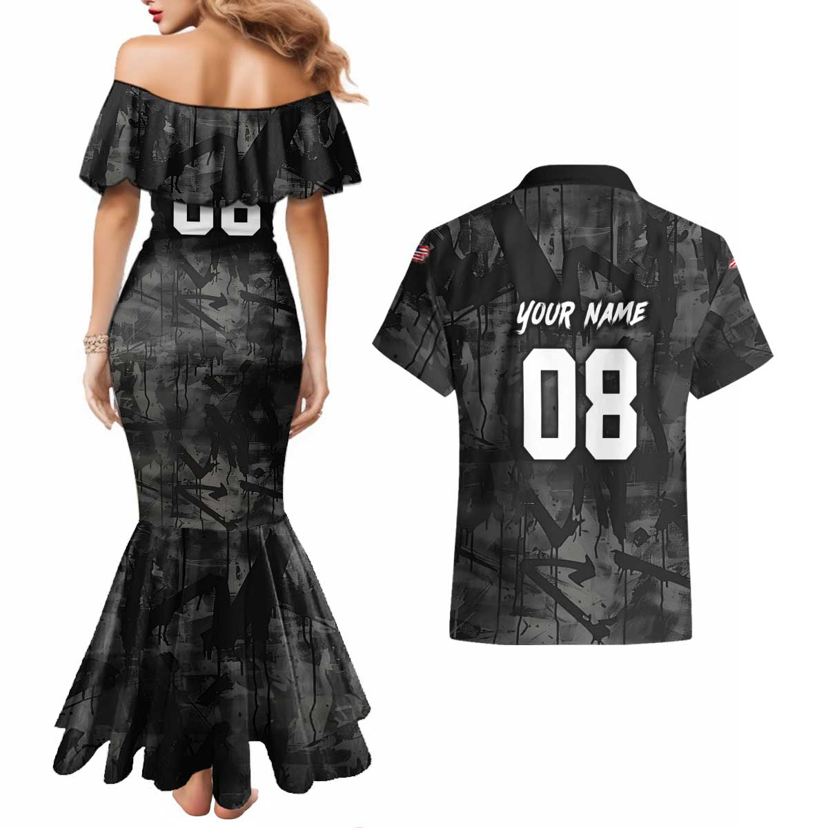 Custom American Flag Skull Motocross Couples Matching Mermaid Dress and Hawaiian Shirt - Wonder Print Shop