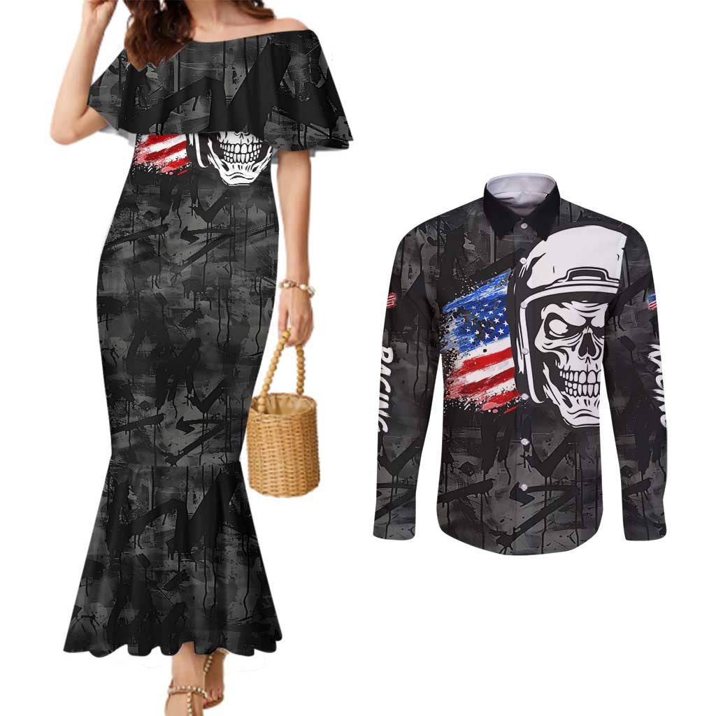 Custom American Flag Skull Motocross Couples Matching Mermaid Dress and Long Sleeve Button Shirt - Wonder Print Shop