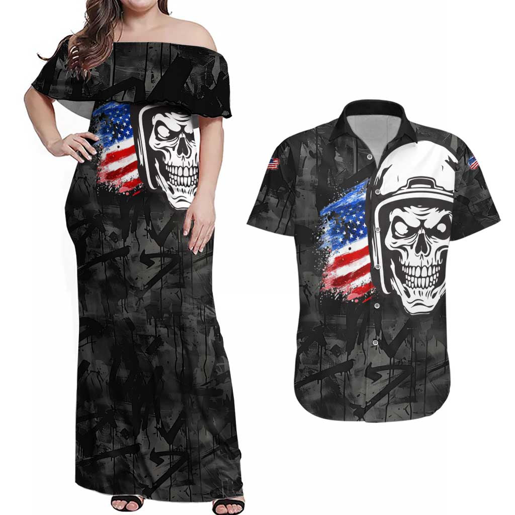 Custom American Flag Skull Motocross Couples Matching Off Shoulder Maxi Dress and Hawaiian Shirt - Wonder Print Shop