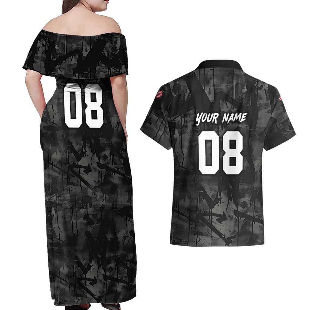 Custom American Flag Skull Motocross Couples Matching Off Shoulder Maxi Dress and Hawaiian Shirt - Wonder Print Shop