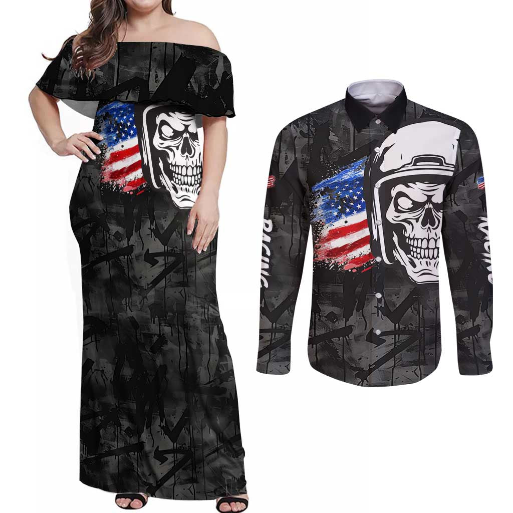 Custom American Flag Skull Motocross Couples Matching Off Shoulder Maxi Dress and Long Sleeve Button Shirt - Wonder Print Shop