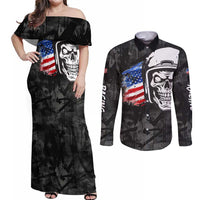 Custom American Flag Skull Motocross Couples Matching Off Shoulder Maxi Dress and Long Sleeve Button Shirt - Wonder Print Shop