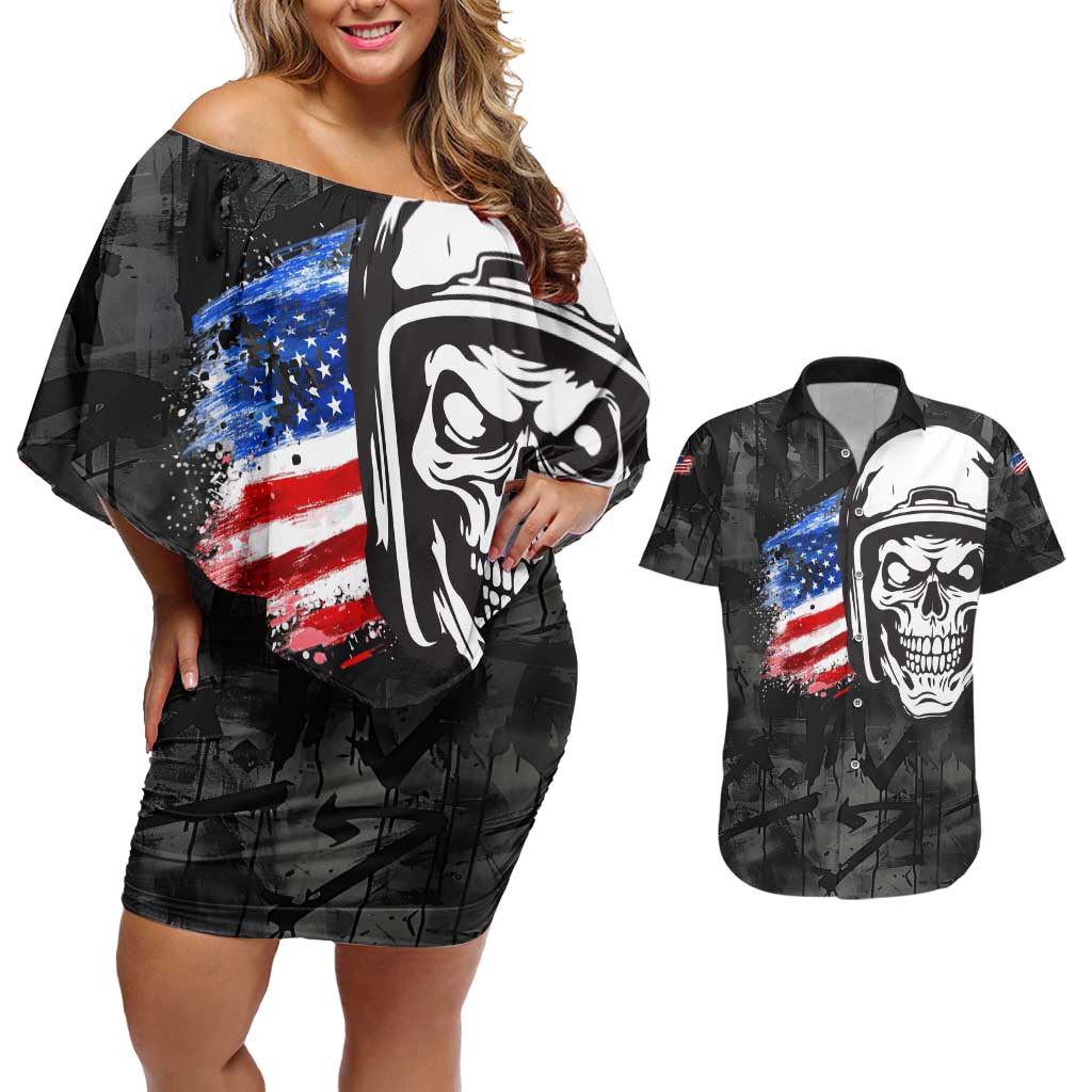 Custom American Flag Skull Motocross Couples Matching Off Shoulder Short Dress and Hawaiian Shirt - Wonder Print Shop