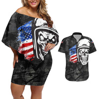 Custom American Flag Skull Motocross Couples Matching Off Shoulder Short Dress and Hawaiian Shirt - Wonder Print Shop