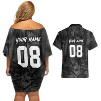 Custom American Flag Skull Motocross Couples Matching Off Shoulder Short Dress and Hawaiian Shirt - Wonder Print Shop