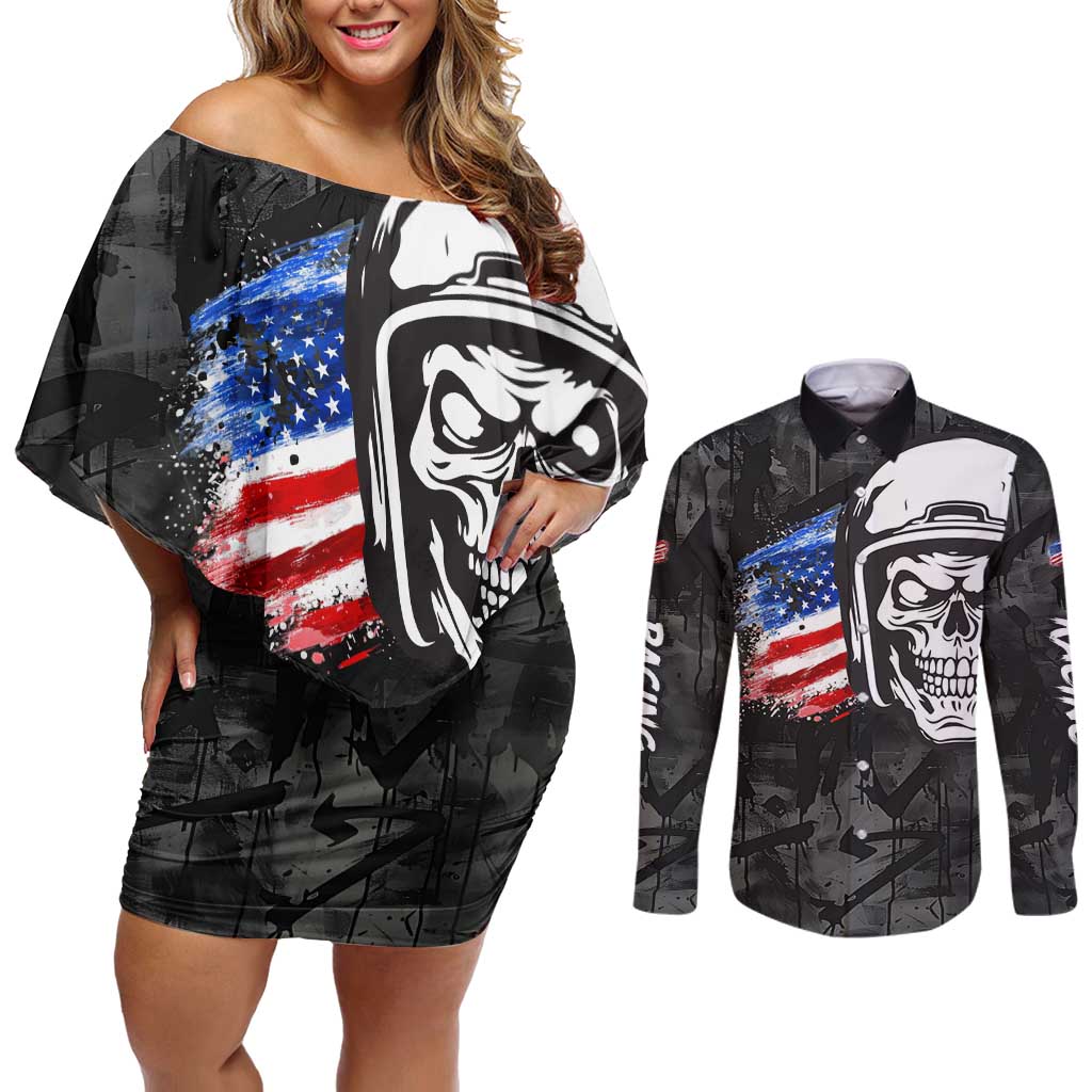 Custom American Flag Skull Motocross Couples Matching Off Shoulder Short Dress and Long Sleeve Button Shirt - Wonder Print Shop