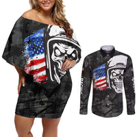 Custom American Flag Skull Motocross Couples Matching Off Shoulder Short Dress and Long Sleeve Button Shirt - Wonder Print Shop