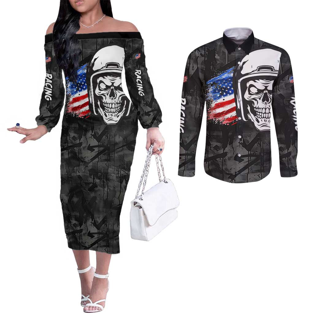 Custom American Flag Skull Motocross Couples Matching Off The Shoulder Long Sleeve Dress and Long Sleeve Button Shirt - Wonder Print Shop