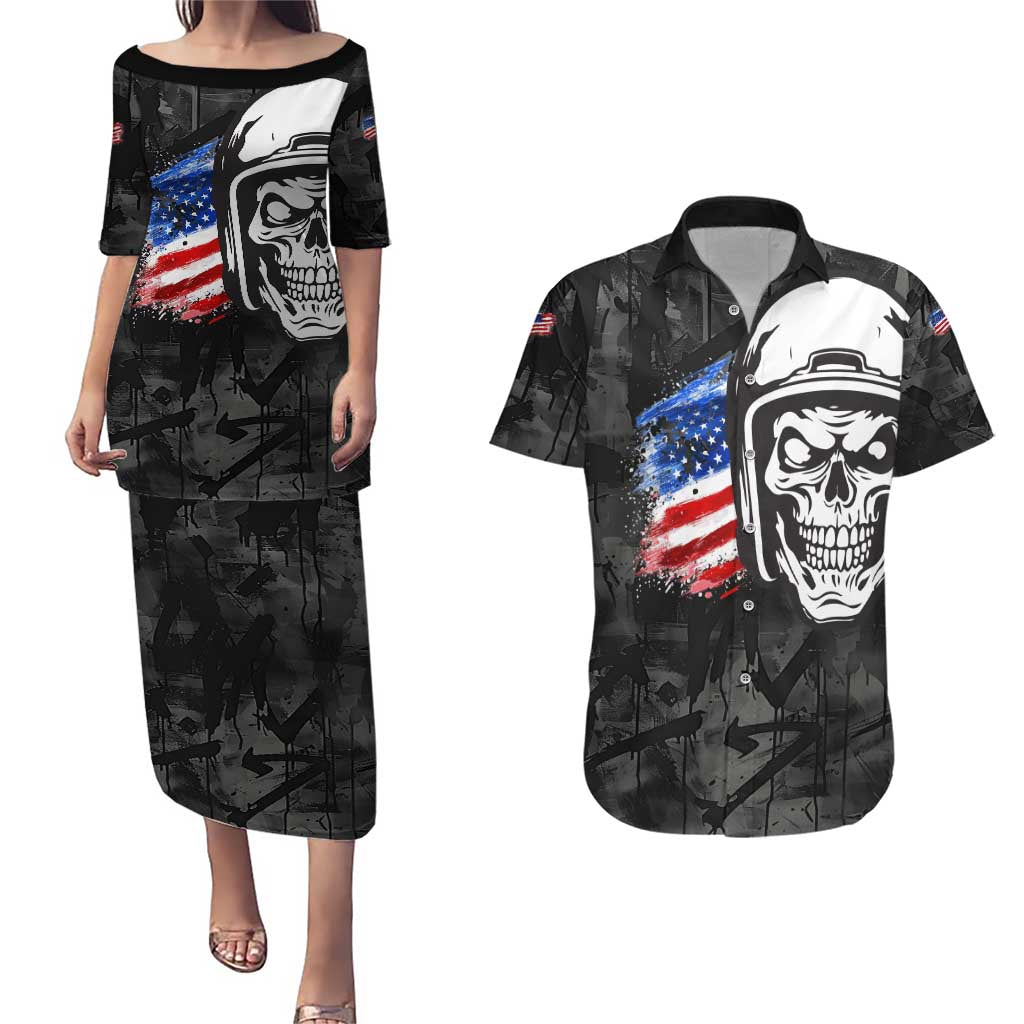 Custom American Flag Skull Motocross Couples Matching Puletasi and Hawaiian Shirt - Wonder Print Shop