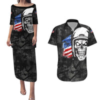 Custom American Flag Skull Motocross Couples Matching Puletasi and Hawaiian Shirt - Wonder Print Shop