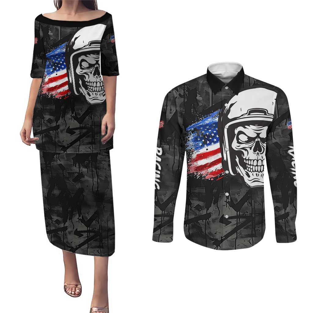 Custom American Flag Skull Motocross Couples Matching Puletasi and Long Sleeve Button Shirt - Wonder Print Shop