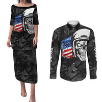 Custom American Flag Skull Motocross Couples Matching Puletasi and Long Sleeve Button Shirt - Wonder Print Shop