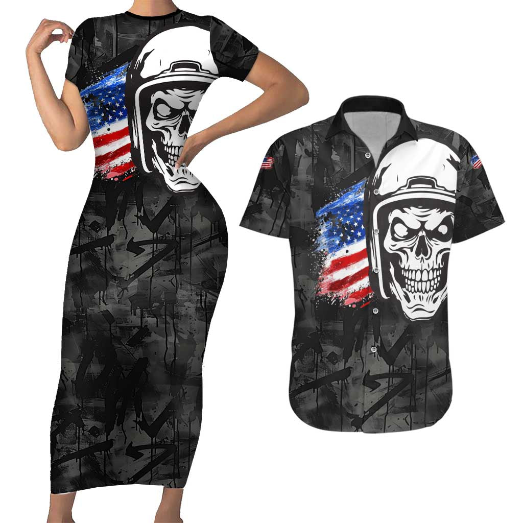 Custom American Flag Skull Motocross Couples Matching Short Sleeve Bodycon Dress and Hawaiian Shirt - Wonder Print Shop