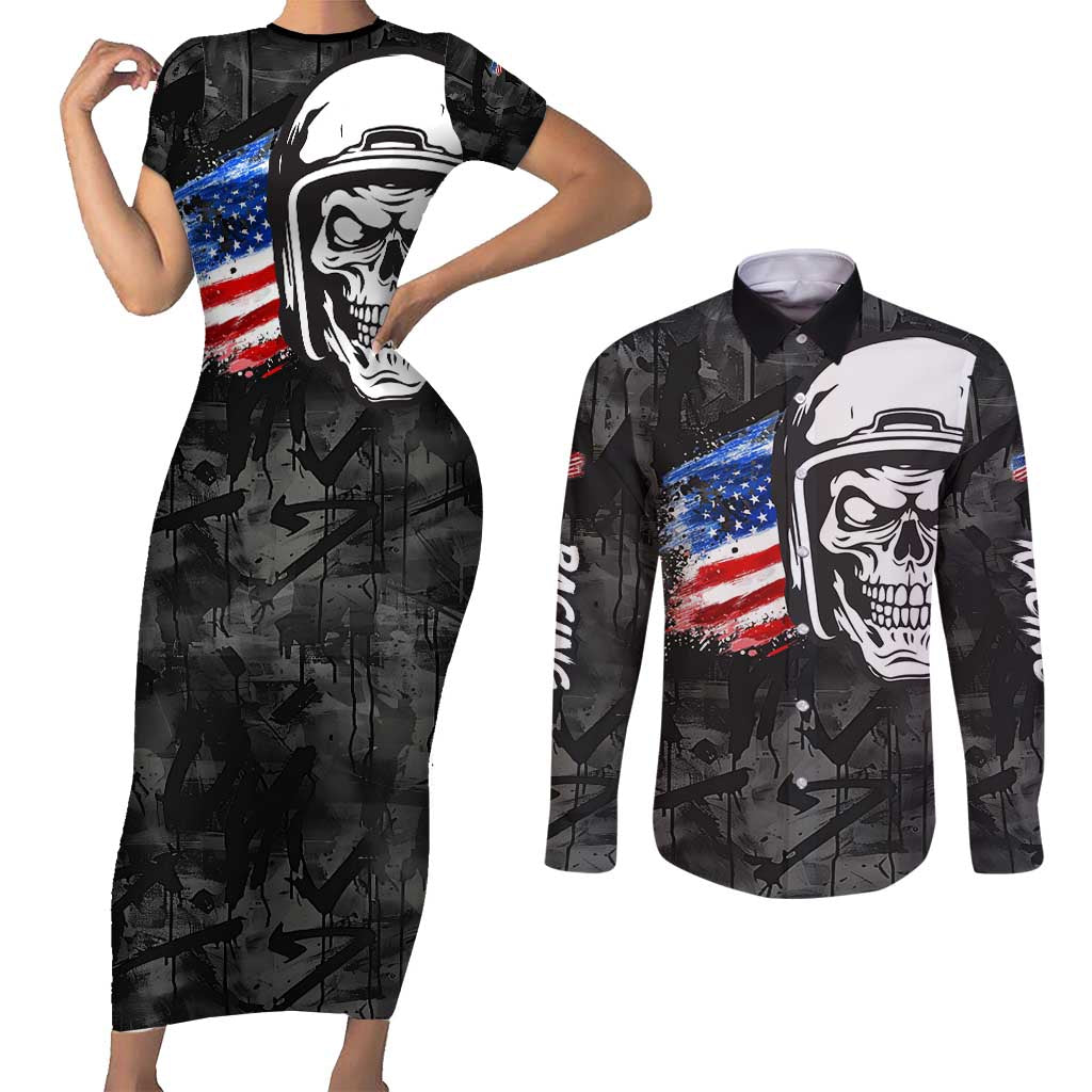 Custom American Flag Skull Motocross Couples Matching Short Sleeve Bodycon Dress and Long Sleeve Button Shirt - Wonder Print Shop