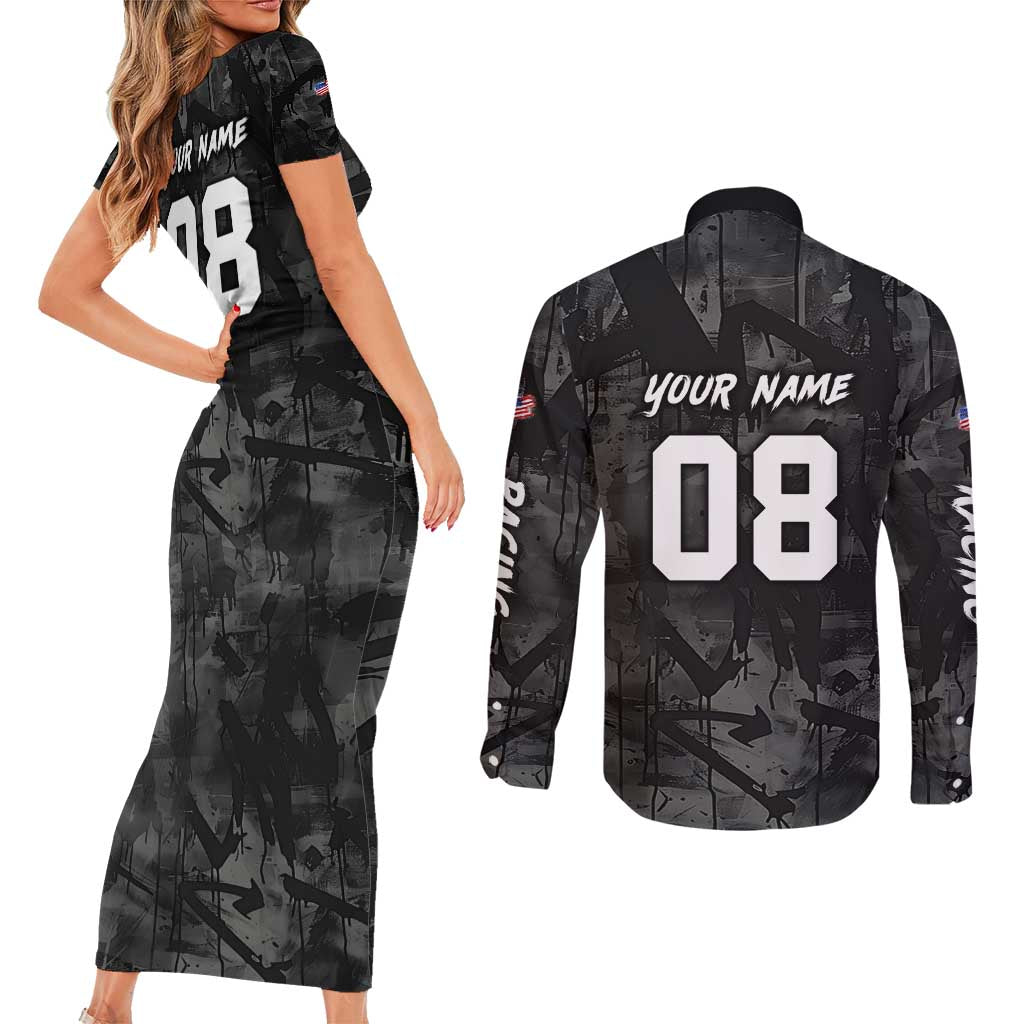 Custom American Flag Skull Motocross Couples Matching Short Sleeve Bodycon Dress and Long Sleeve Button Shirt - Wonder Print Shop