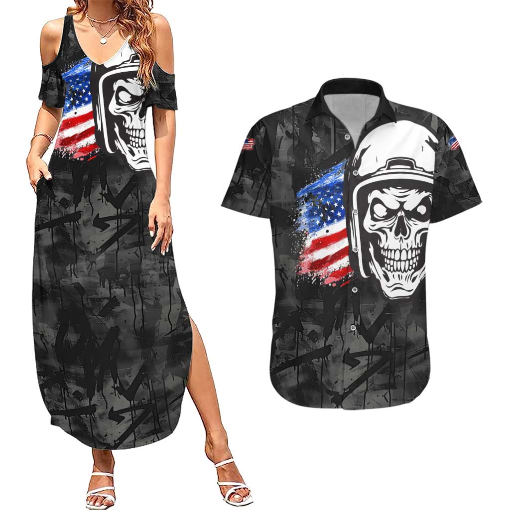 Custom American Flag Skull Motocross Couples Matching Summer Maxi Dress and Hawaiian Shirt - Wonder Print Shop
