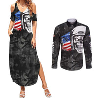 Custom American Flag Skull Motocross Couples Matching Summer Maxi Dress and Long Sleeve Button Shirt - Wonder Print Shop
