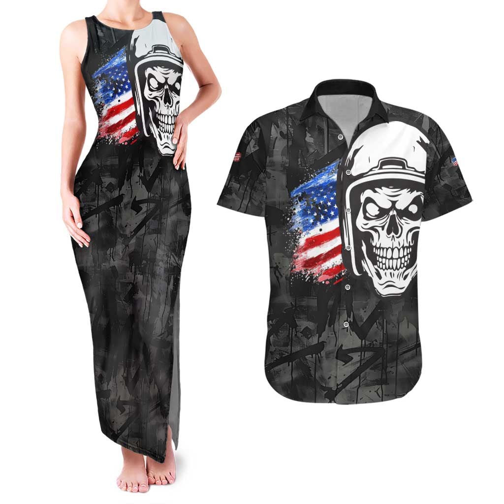 Custom American Flag Skull Motocross Couples Matching Tank Maxi Dress and Hawaiian Shirt - Wonder Print Shop