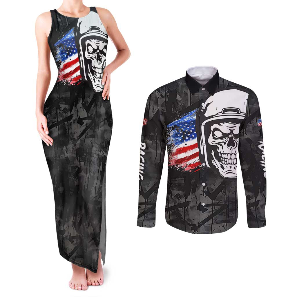 Custom American Flag Skull Motocross Couples Matching Tank Maxi Dress and Long Sleeve Button Shirt - Wonder Print Shop