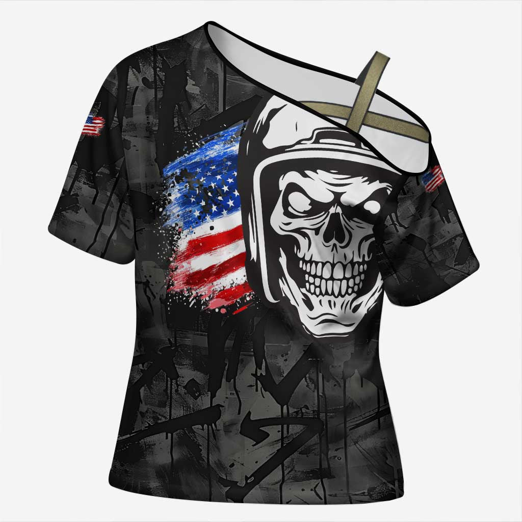 Custom American Flag Skull Motocross Cross Shoulder Shirt - Wonder Print Shop