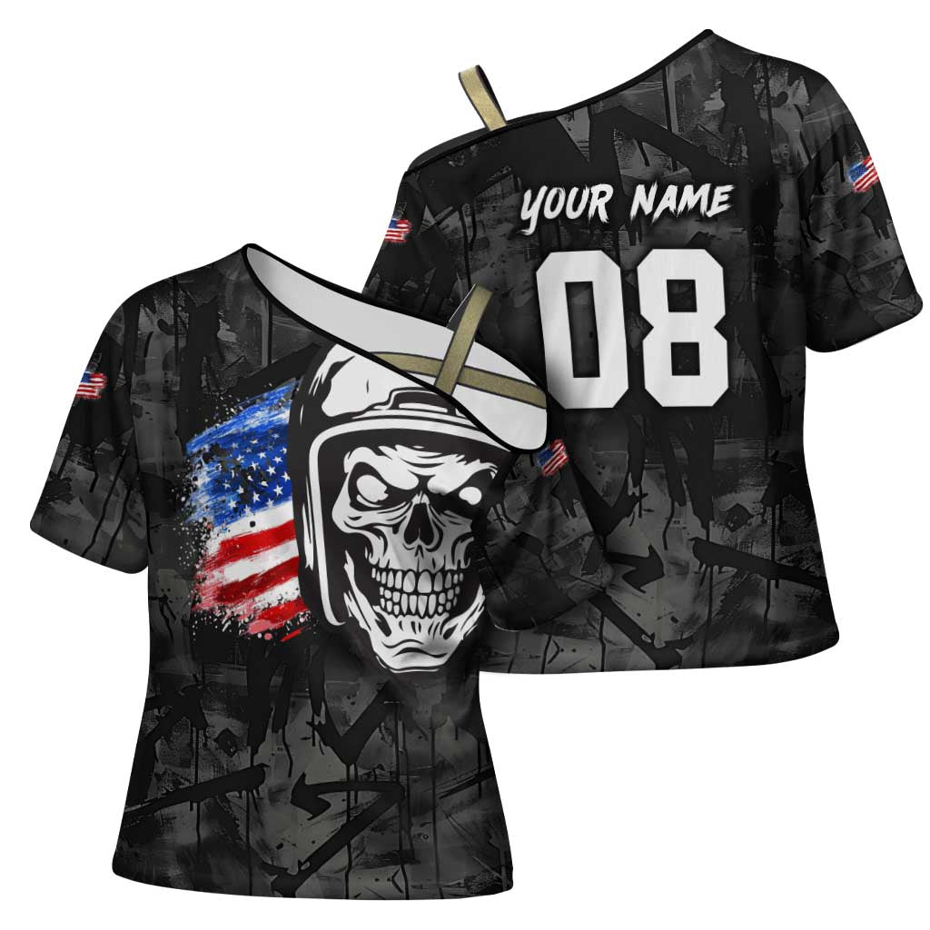 Custom American Flag Skull Motocross Cross Shoulder Shirt - Wonder Print Shop