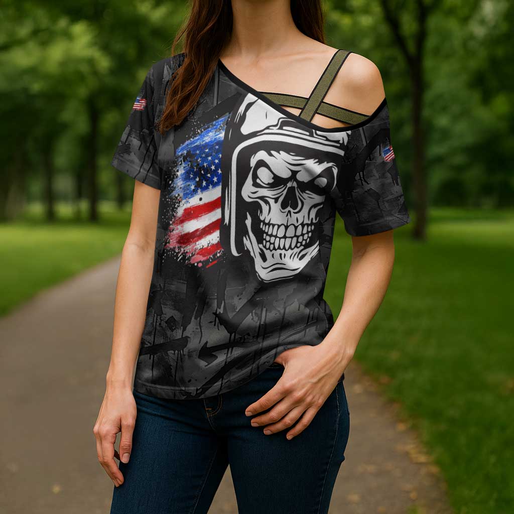 Custom American Flag Skull Motocross Cross Shoulder Shirt - Wonder Print Shop