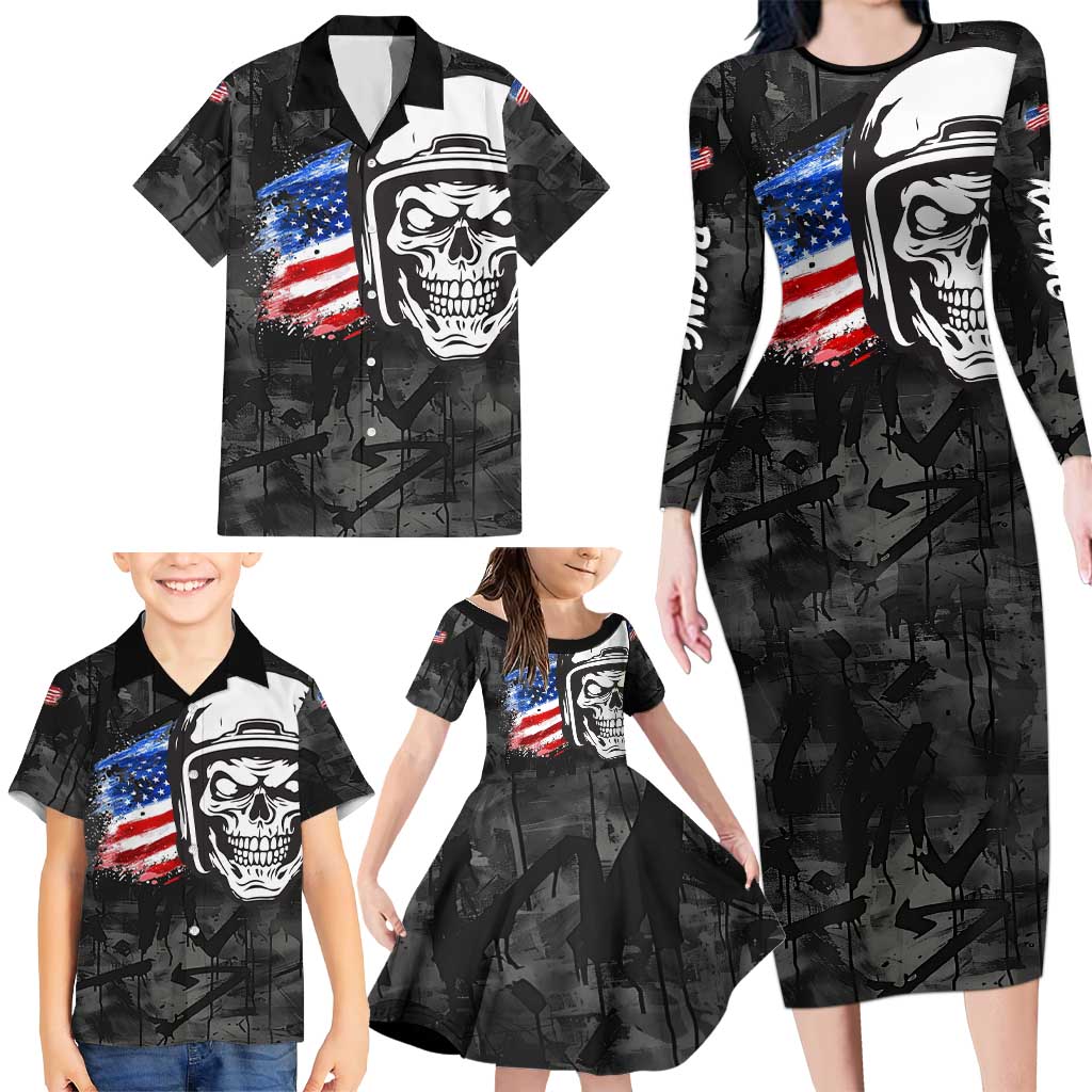 Custom American Flag Skull Motocross Family Matching Long Sleeve Bodycon Dress and Hawaiian Shirt - Wonder Print Shop