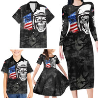 Custom American Flag Skull Motocross Family Matching Long Sleeve Bodycon Dress and Hawaiian Shirt - Wonder Print Shop