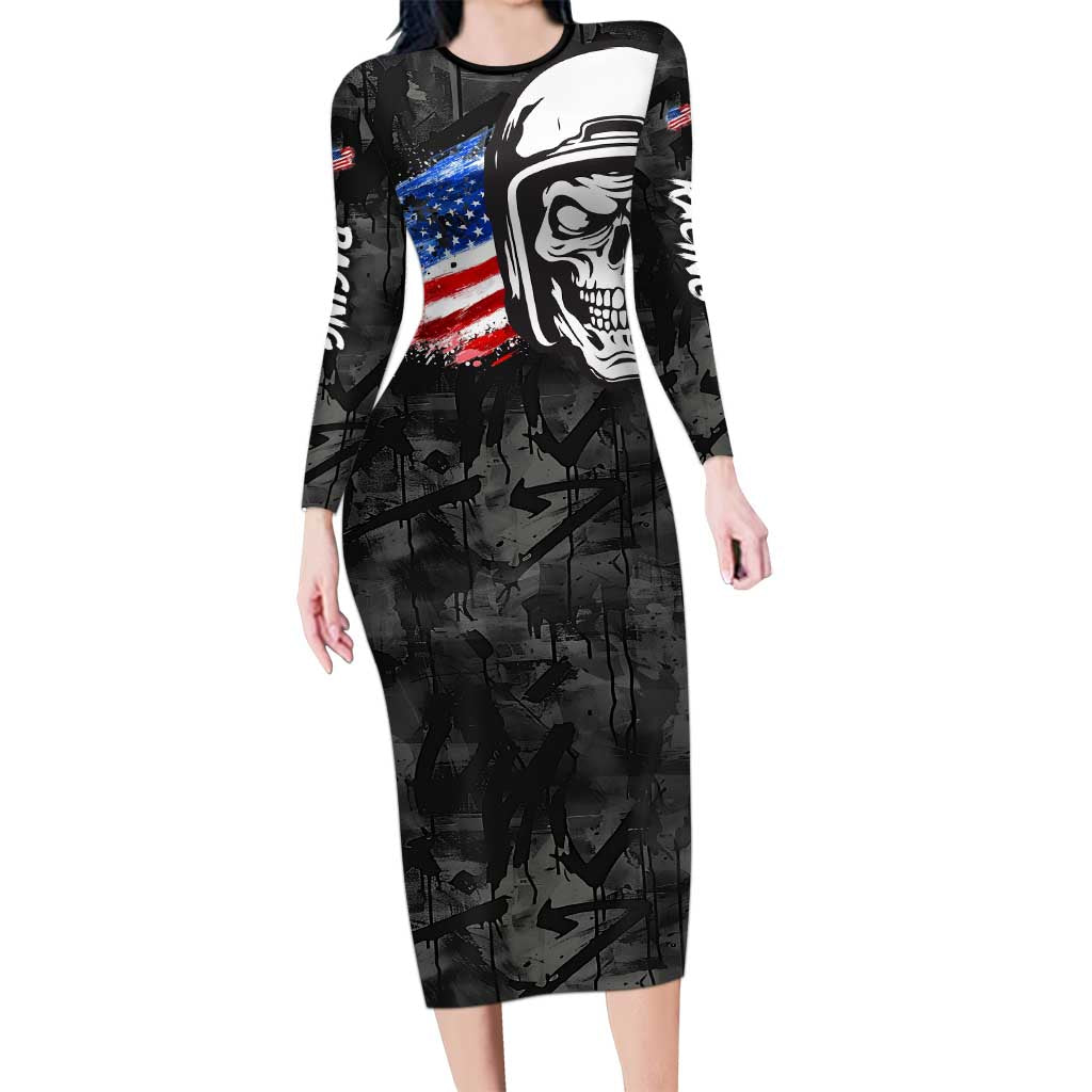 Custom American Flag Skull Motocross Family Matching Long Sleeve Bodycon Dress and Hawaiian Shirt - Wonder Print Shop