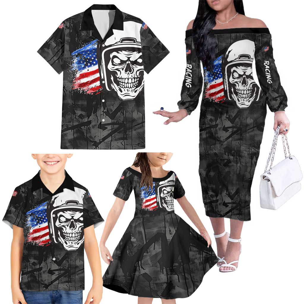 Custom American Flag Skull Motocross Family Matching Off The Shoulder Long Sleeve Dress and Hawaiian Shirt - Wonder Print Shop