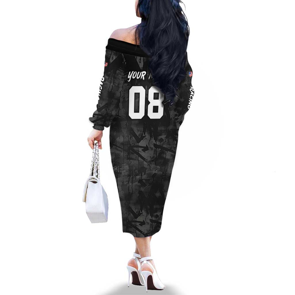 Custom American Flag Skull Motocross Family Matching Off The Shoulder Long Sleeve Dress and Hawaiian Shirt - Wonder Print Shop