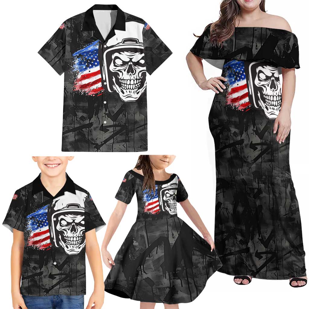 Custom American Flag Skull Motocross Family Matching Off Shoulder Maxi Dress and Hawaiian Shirt - Wonder Print Shop