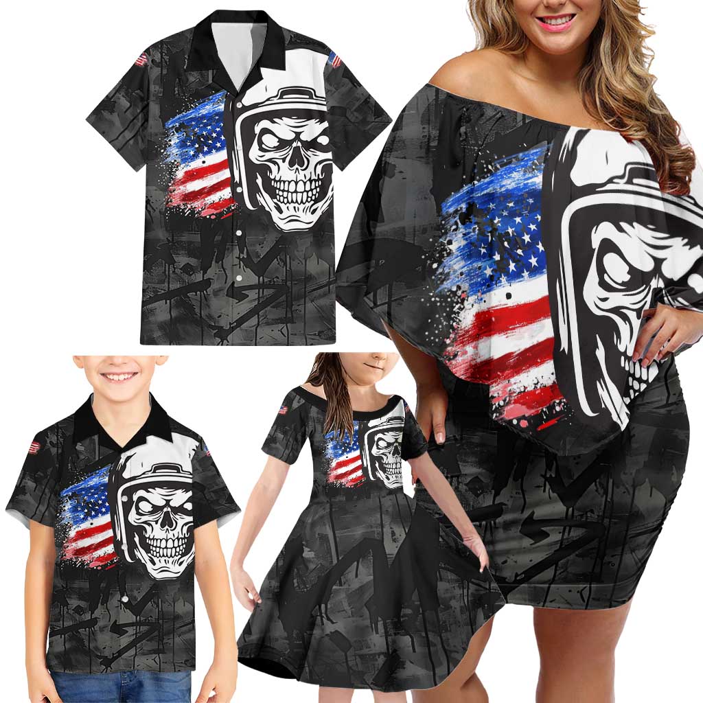 Custom American Flag Skull Motocross Family Matching Off Shoulder Short Dress and Hawaiian Shirt - Wonder Print Shop