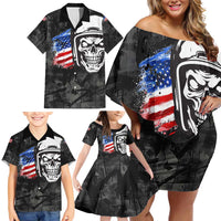 Custom American Flag Skull Motocross Family Matching Off Shoulder Short Dress and Hawaiian Shirt - Wonder Print Shop