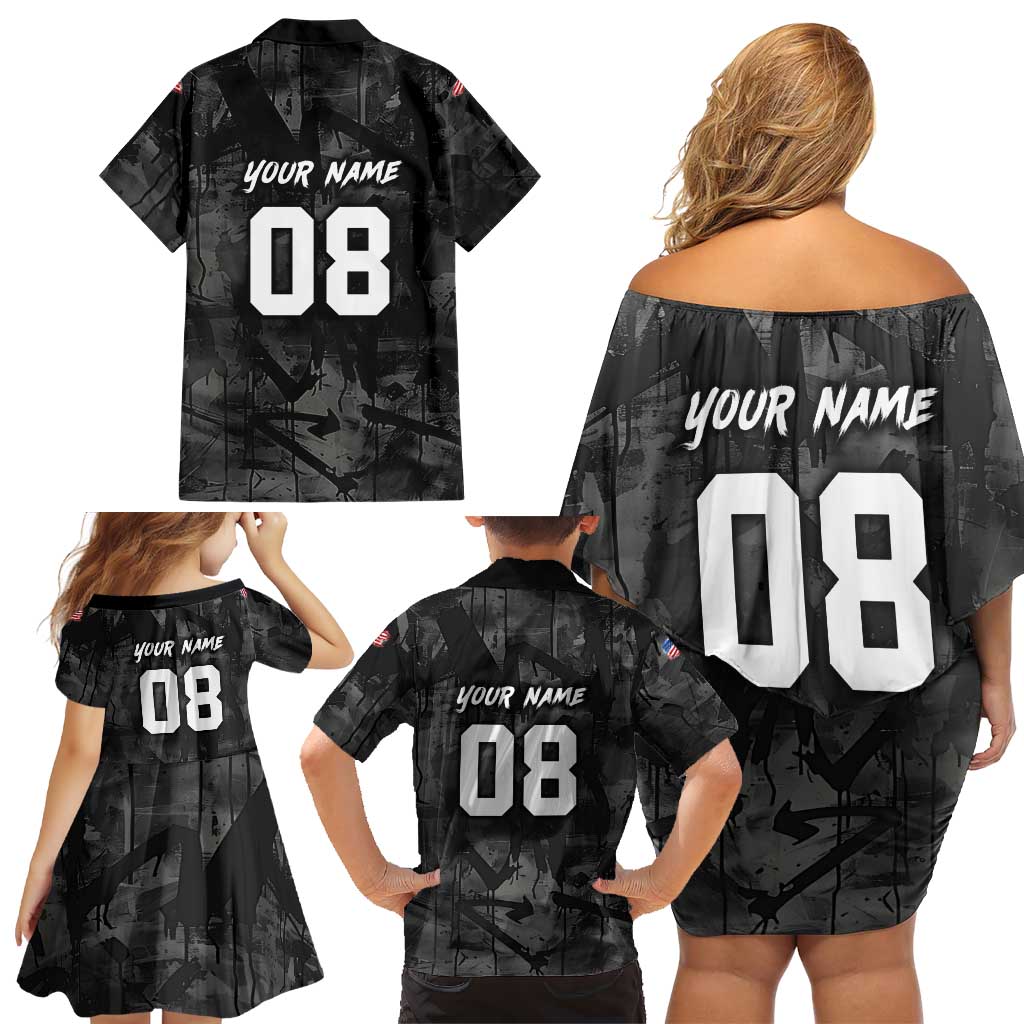 Custom American Flag Skull Motocross Family Matching Off Shoulder Short Dress and Hawaiian Shirt - Wonder Print Shop