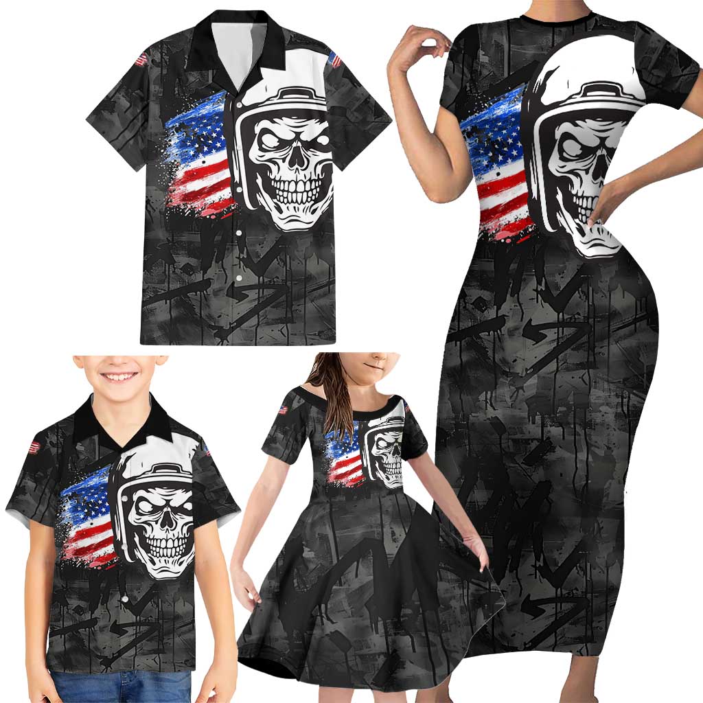 Custom American Flag Skull Motocross Family Matching Short Sleeve Bodycon Dress and Hawaiian Shirt - Wonder Print Shop