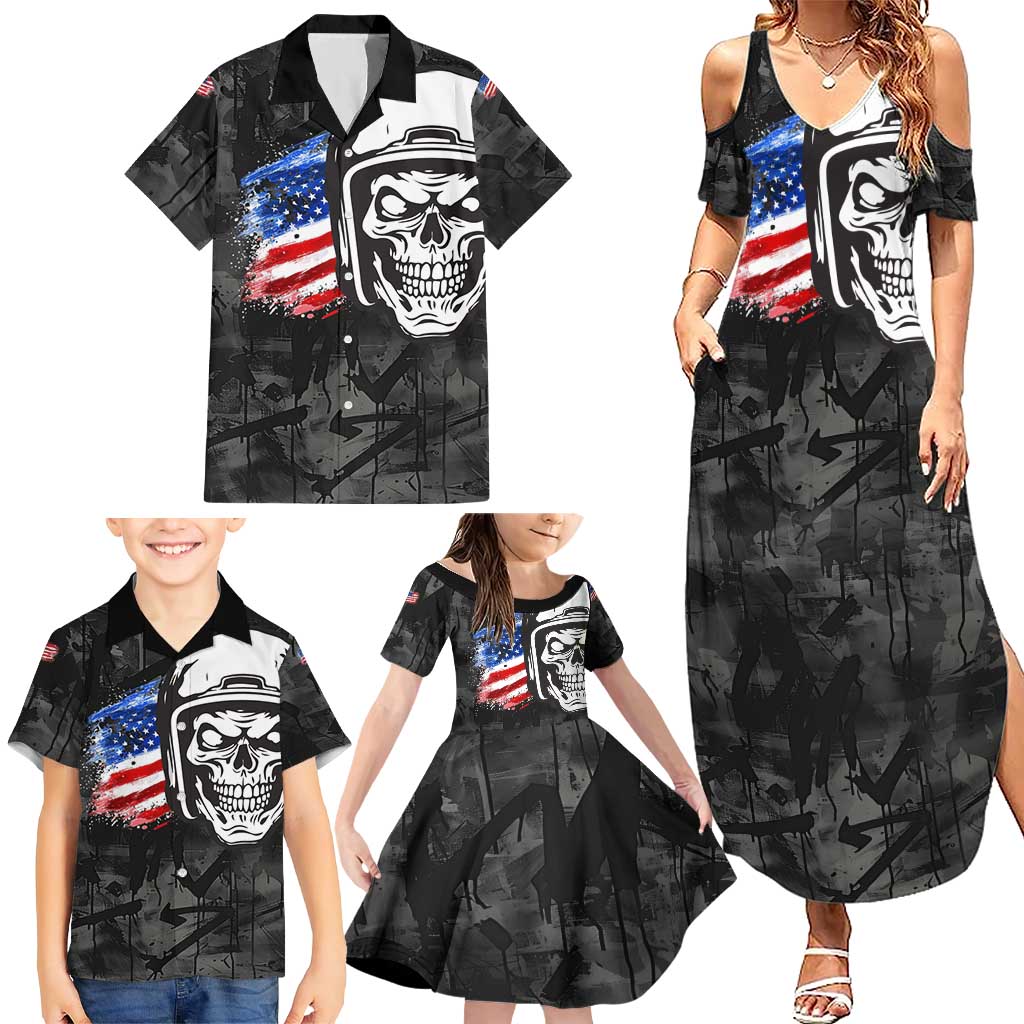 Custom American Flag Skull Motocross Family Matching Summer Maxi Dress and Hawaiian Shirt - Wonder Print Shop