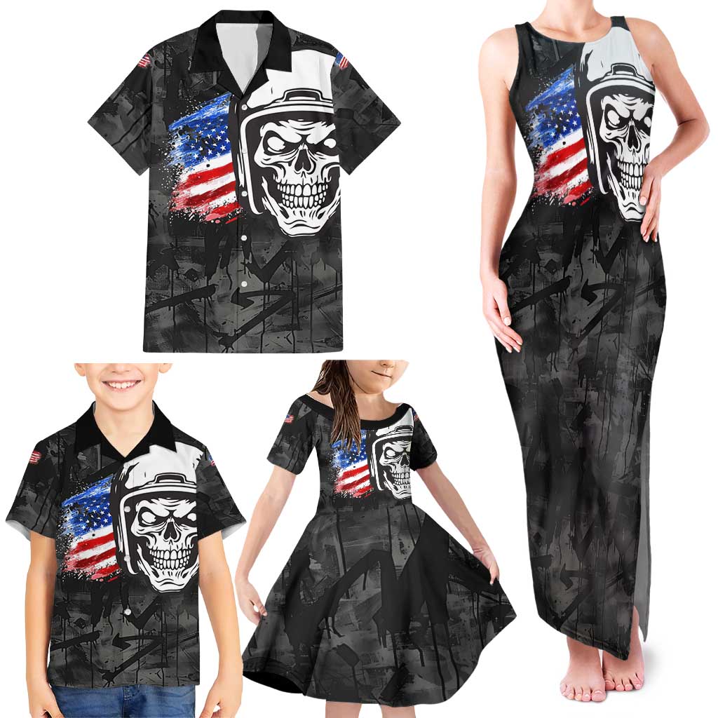 Custom American Flag Skull Motocross Family Matching Tank Maxi Dress and Hawaiian Shirt - Wonder Print Shop