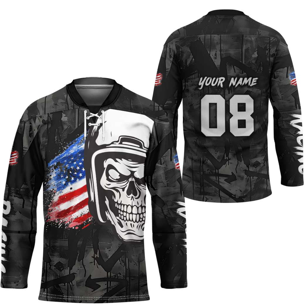 Custom American Flag Skull Motocross Hockey Jersey - Wonder Print Shop