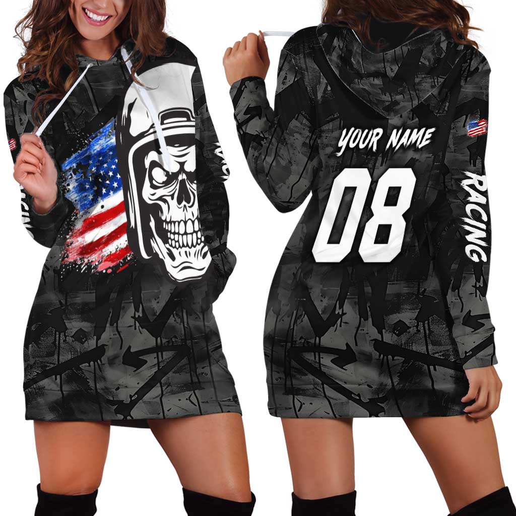 Custom American Flag Skull Motocross Hoodie Dress - Wonder Print Shop