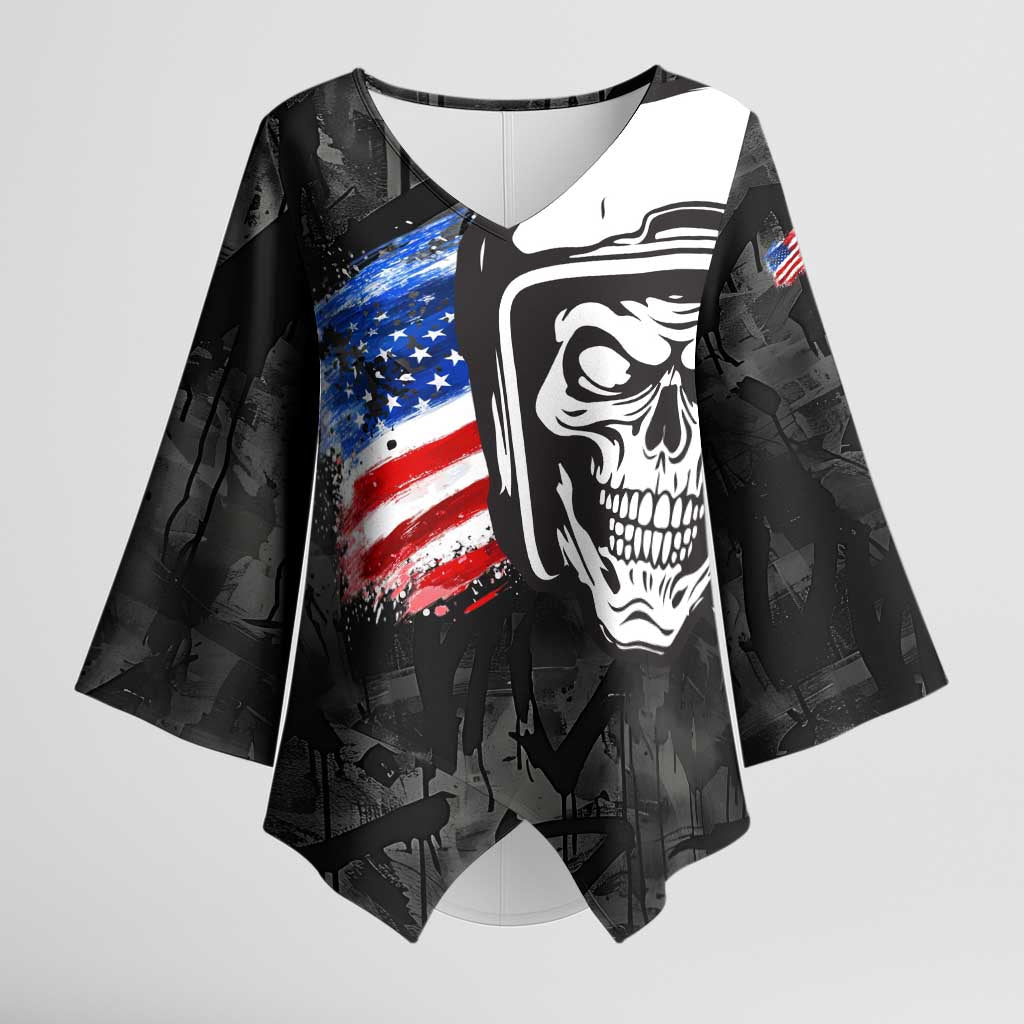 Custom American Flag Skull Motocross Kimono Sleeve Blouse - Wonder Print Shop