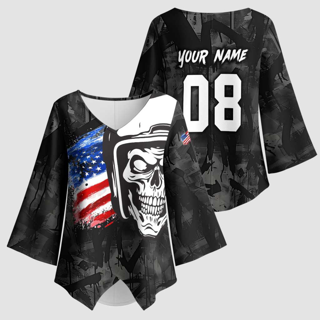 Custom American Flag Skull Motocross Kimono Sleeve Blouse - Wonder Print Shop