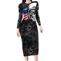 Custom American Flag Skull Motocross Long Sleeve Bodycon Dress - Wonder Print Shop