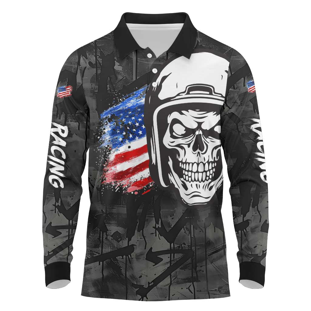 Custom American Flag Skull Motocross Long Sleeve Polo Shirt - Wonder Print Shop