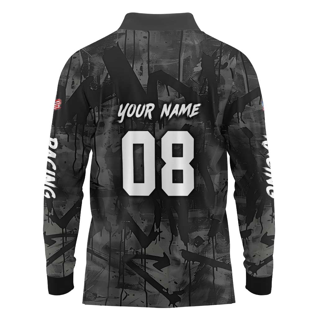 Custom American Flag Skull Motocross Long Sleeve Polo Shirt - Wonder Print Shop