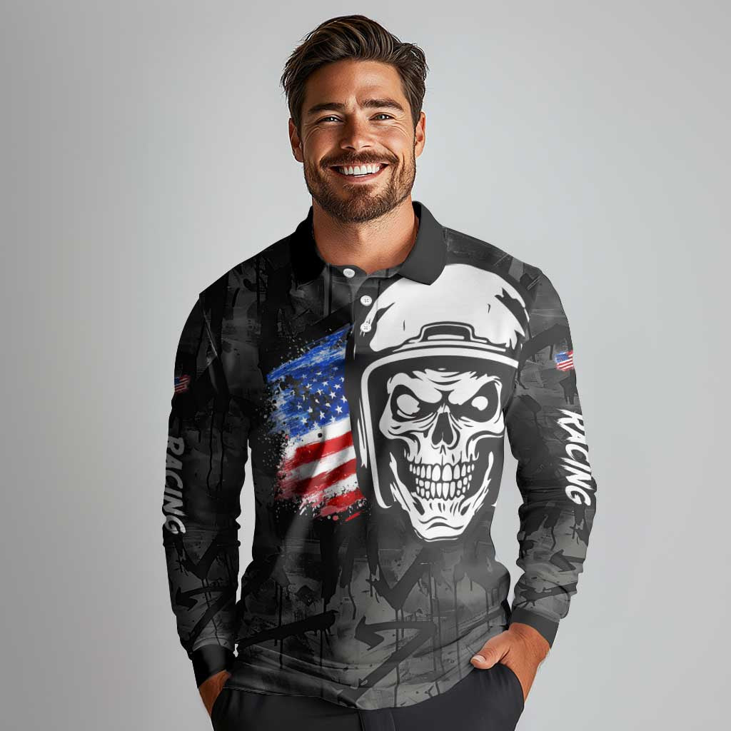 Custom American Flag Skull Motocross Long Sleeve Polo Shirt - Wonder Print Shop