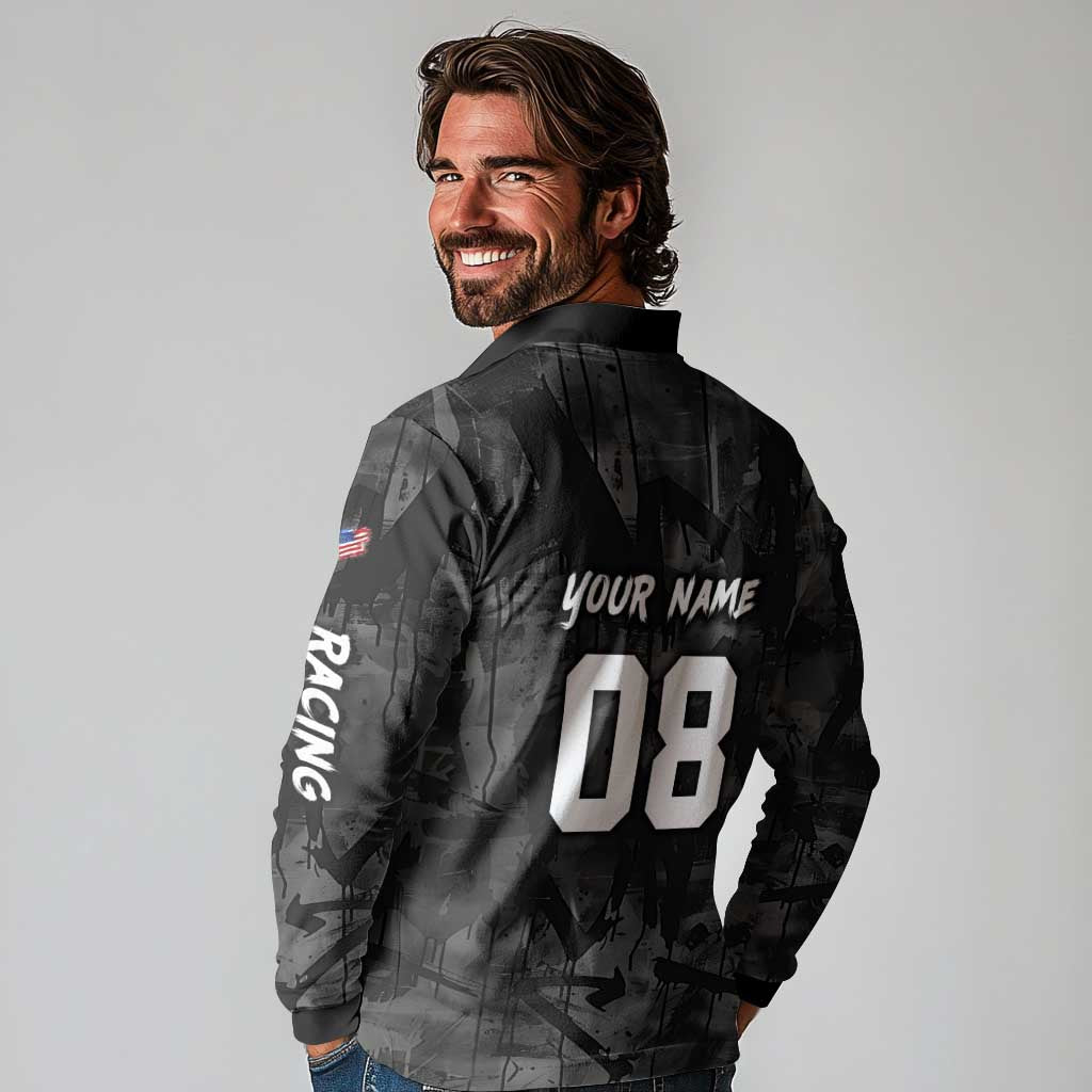 Custom American Flag Skull Motocross Long Sleeve Polo Shirt - Wonder Print Shop