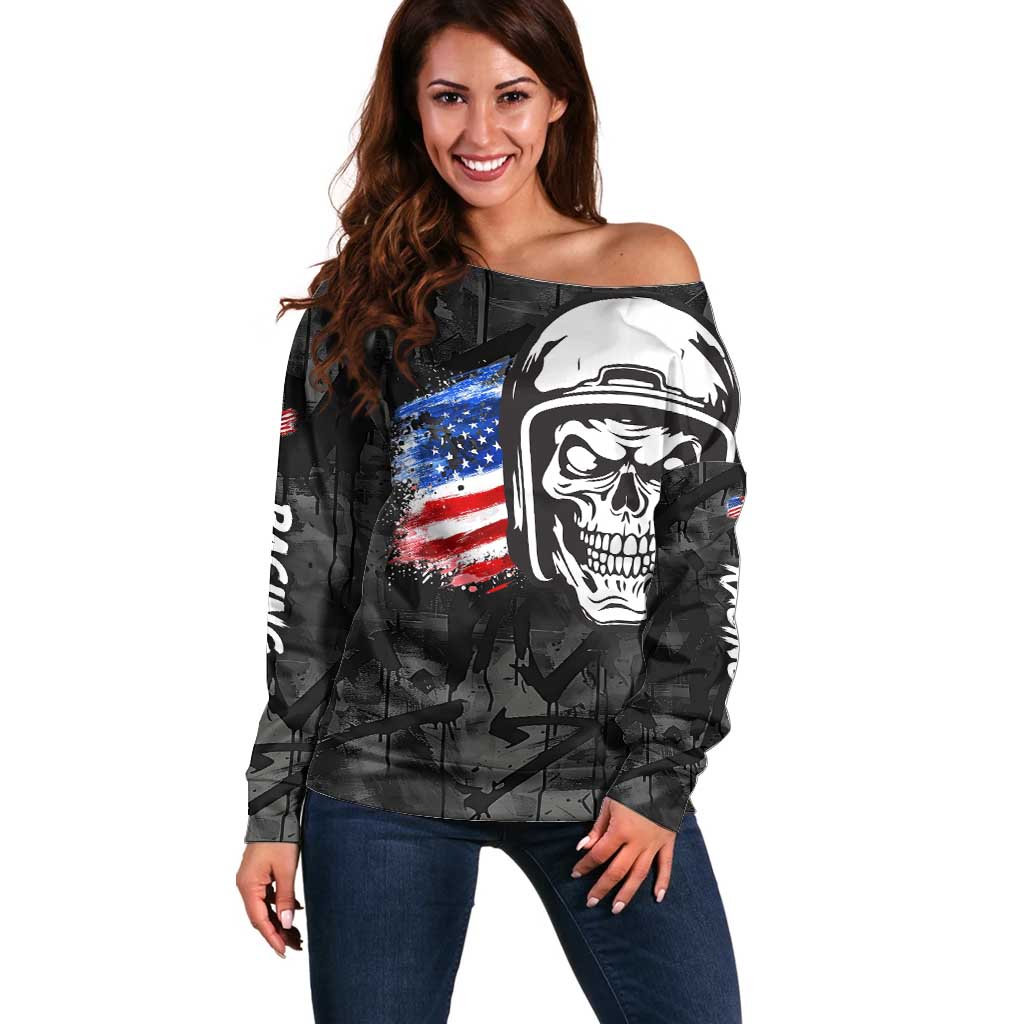 Custom American Flag Skull Motocross Off Shoulder Sweater - Wonder Print Shop