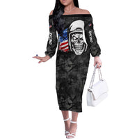 Custom American Flag Skull Motocross Off The Shoulder Long Sleeve Dress - undefined