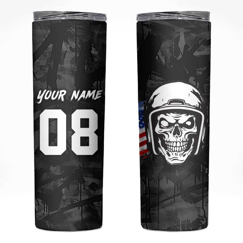 Custom American Flag Skull Motocross Skinny Tumbler - Wonder Print Shop